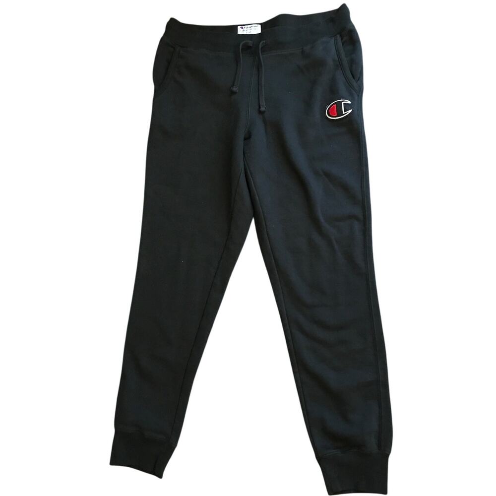 Champion Womens Black Fleece Jogger Pants Size L Drawstring Patch